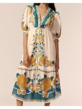 FARM Rio Puff Sleeve Printed Midi Dress Boho Chic Vintage Floral Garden Womens L